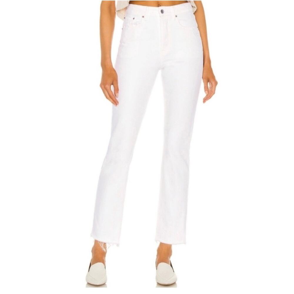 GRLFRND Karolina Distressed High Rise Straight Raw Hem Crop Rigid Denim Jeans